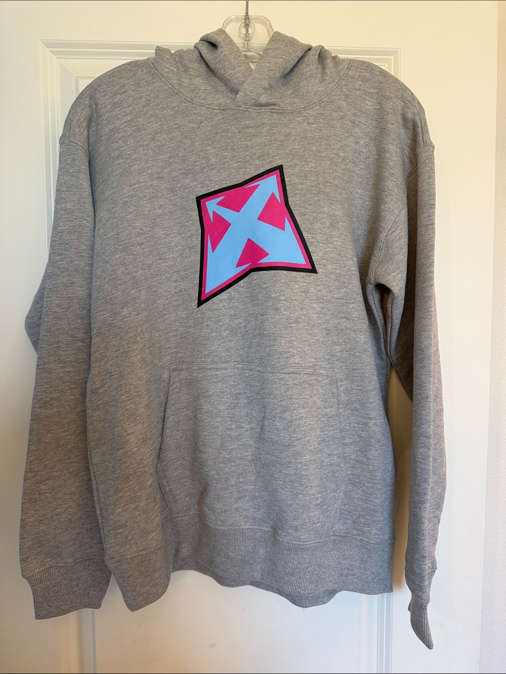 Off-White Gray Hoodie with Pink and Blue Arrow Graphic